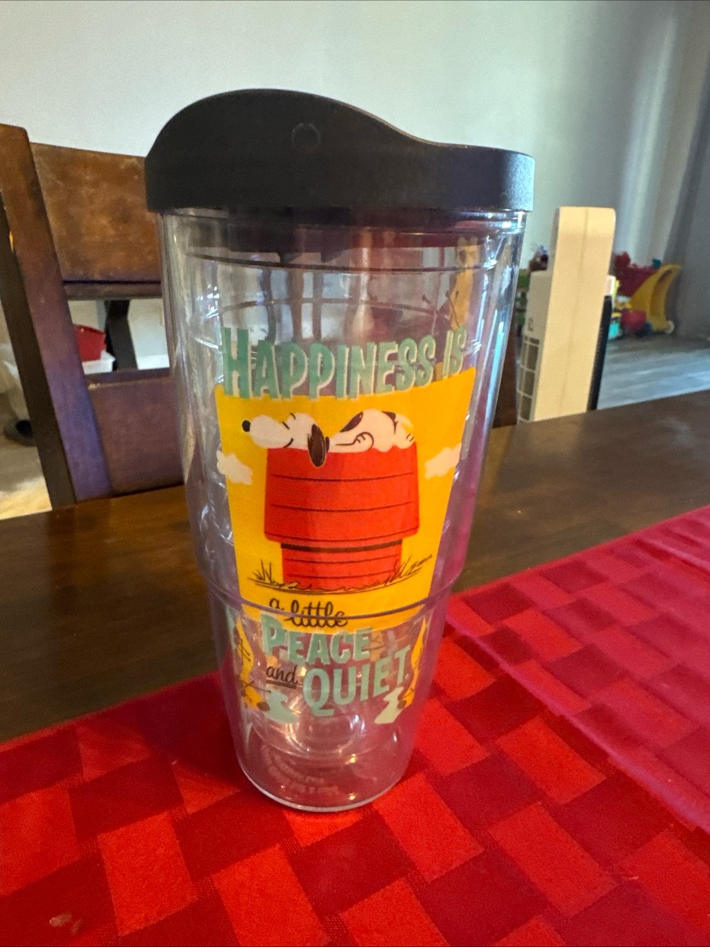 Snoopy 'Happiness' Clear Travel Tumbler with Black Lid - Yellow Accent